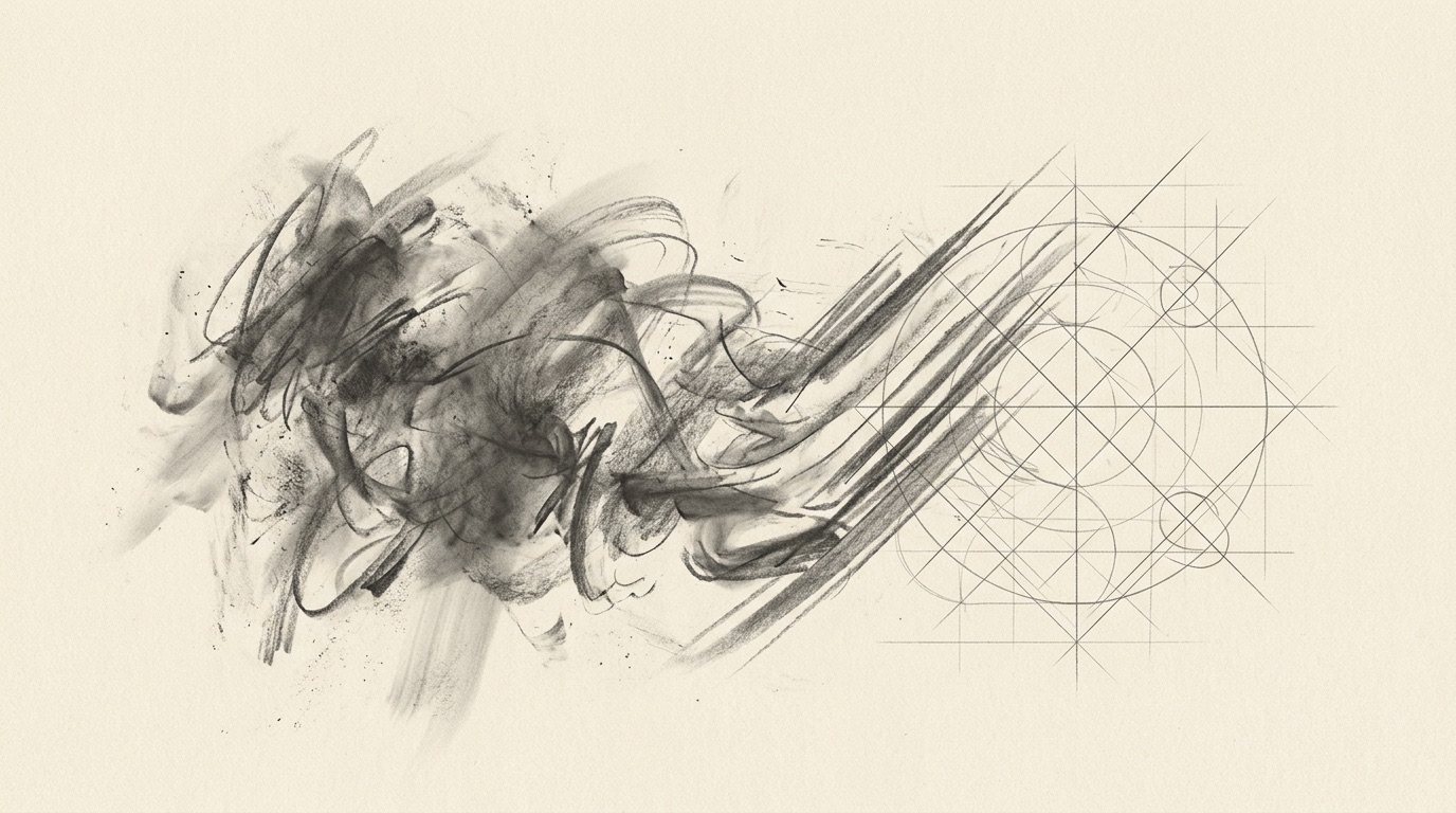 Charcoal gesture turning into a geometric diagram